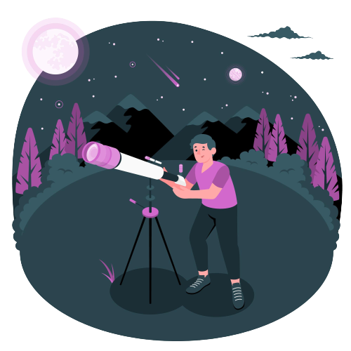 An animated character looking at the sky using a telescope