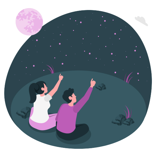 A girl and a boy pointing at sky